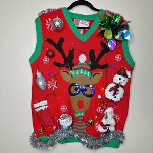 Ugly Christmas Sweater Vest Reindeer LIGHTS UP Tinsel Xmas Party Winner Medium